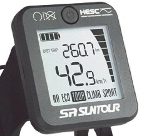 SR Suntour HESC display unit showing ride data for Raleigh e-bike